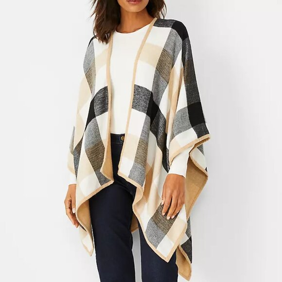 Ann Taylor soft brown/black/white plaid open front poncho sweater one size - Picture 1 of 7
